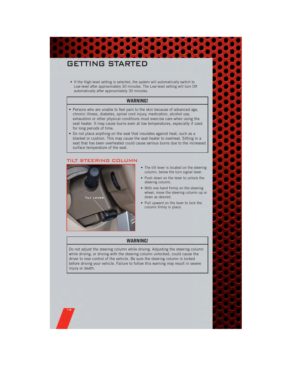 Tilt steering column, Getting started | Dodge 2011 Caliber - User Guide User Manual | Page 18 / 80