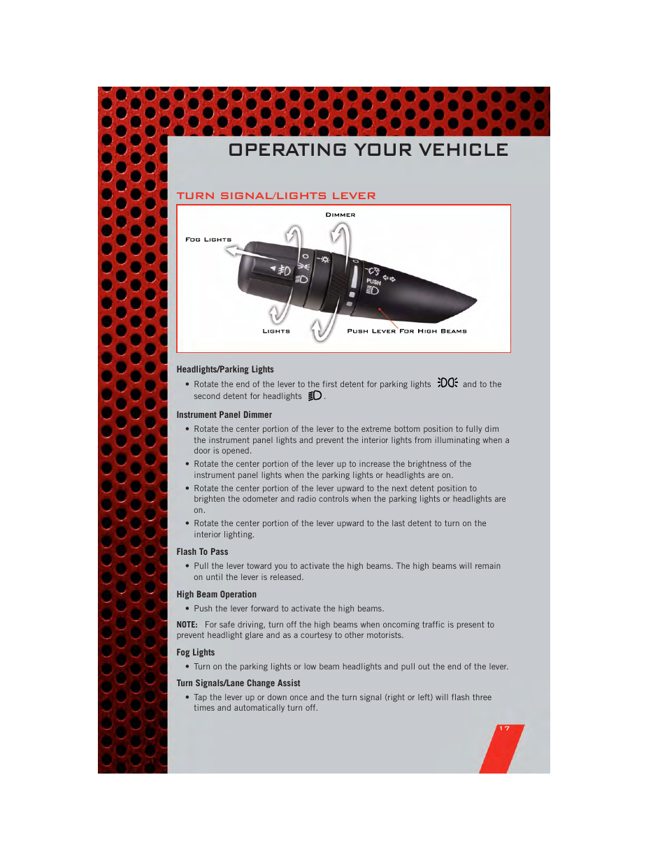 Operating your vehicle, Turn signal/lights lever, Headlights/parking lights | Instrument panel dimmer, Flash to pass, High beam operation, Fog lights, Turn signals/lane change assist | Dodge 2011 Caliber - User Guide User Manual | Page 19 / 80