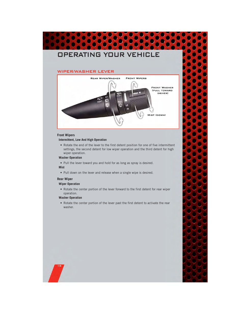 Wiper/washer lever, Front wipers, Rear wiper | Operating your vehicle | Dodge 2011 Caliber - User Guide User Manual | Page 20 / 80