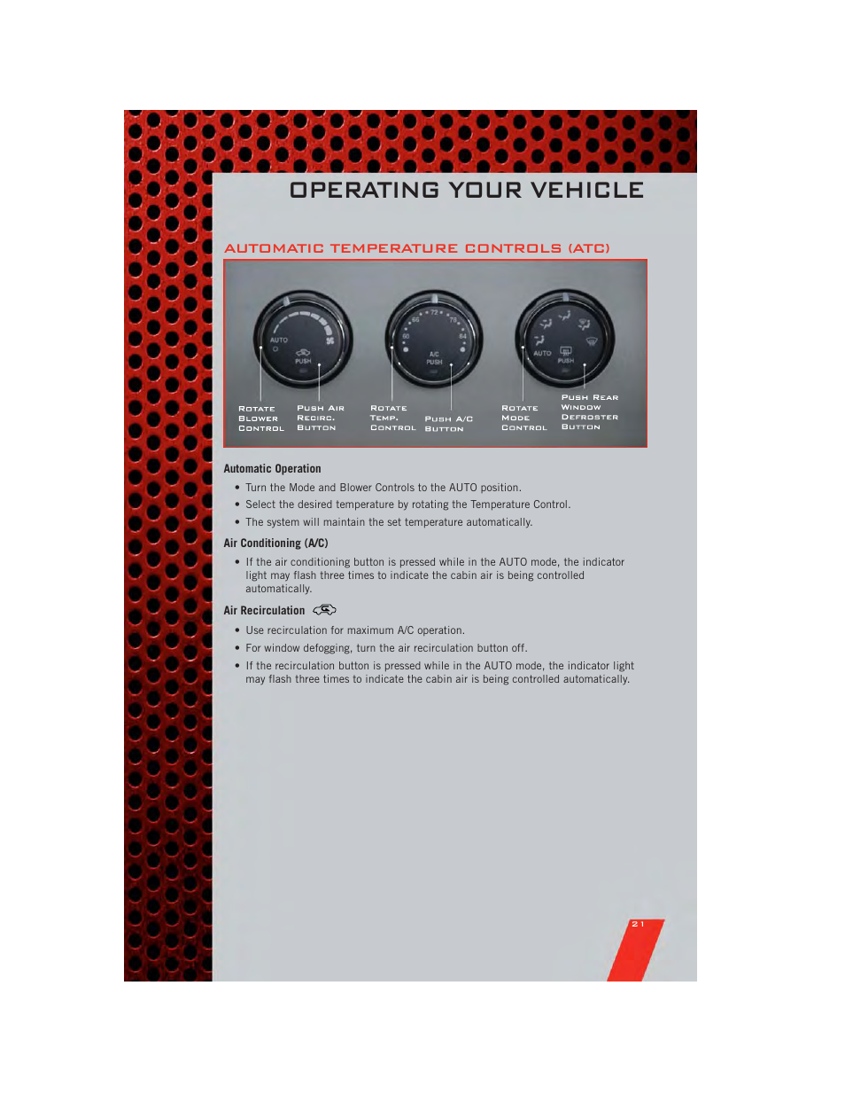 Automatic temperature controls (atc), Automatic operation, Air conditioning (a/c) | Air recirculation, Operating your vehicle | Dodge 2011 Caliber - User Guide User Manual | Page 23 / 80