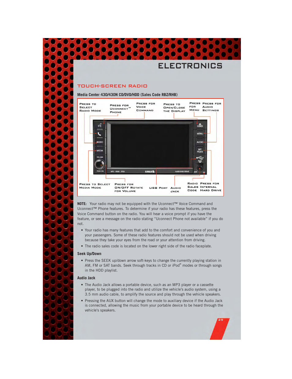 Touch-screen radio, Seek up/down, Audio jack | Electronics | Dodge 2011 Caliber - User Guide User Manual | Page 31 / 80