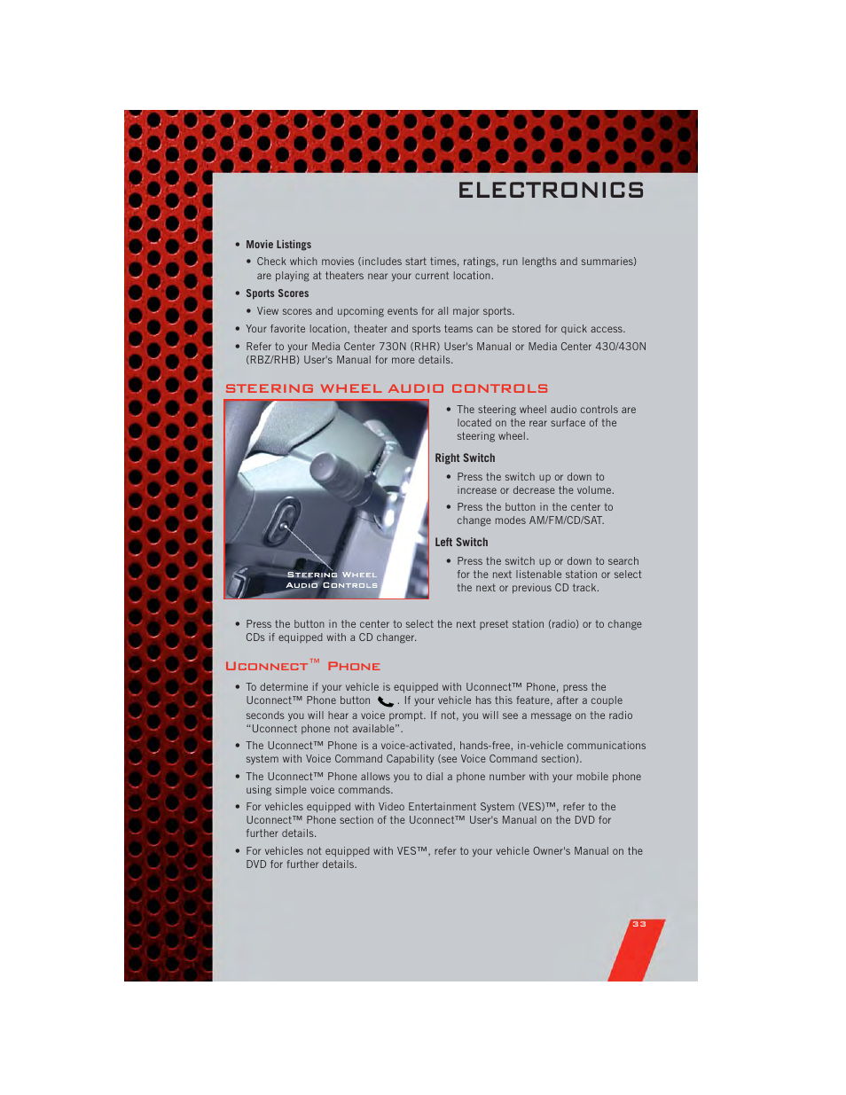 Steering wheel audio controls, Right switch, Left switch | Uconnect™ phone, Electronics | Dodge 2011 Caliber - User Guide User Manual | Page 35 / 80