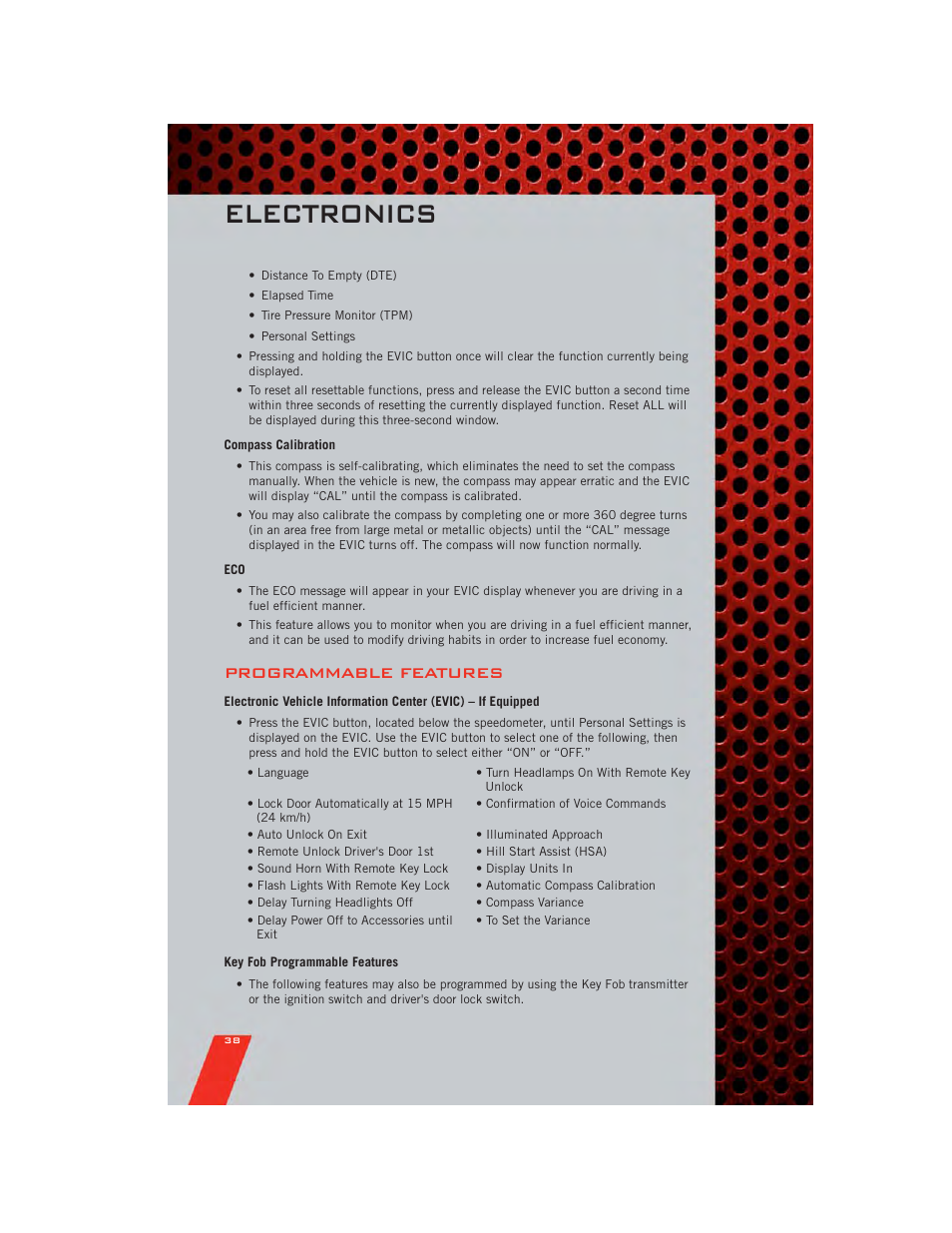 Compass calibration, Programmable features, Key fob programmable features | Electronics | Dodge 2011 Caliber - User Guide User Manual | Page 40 / 80