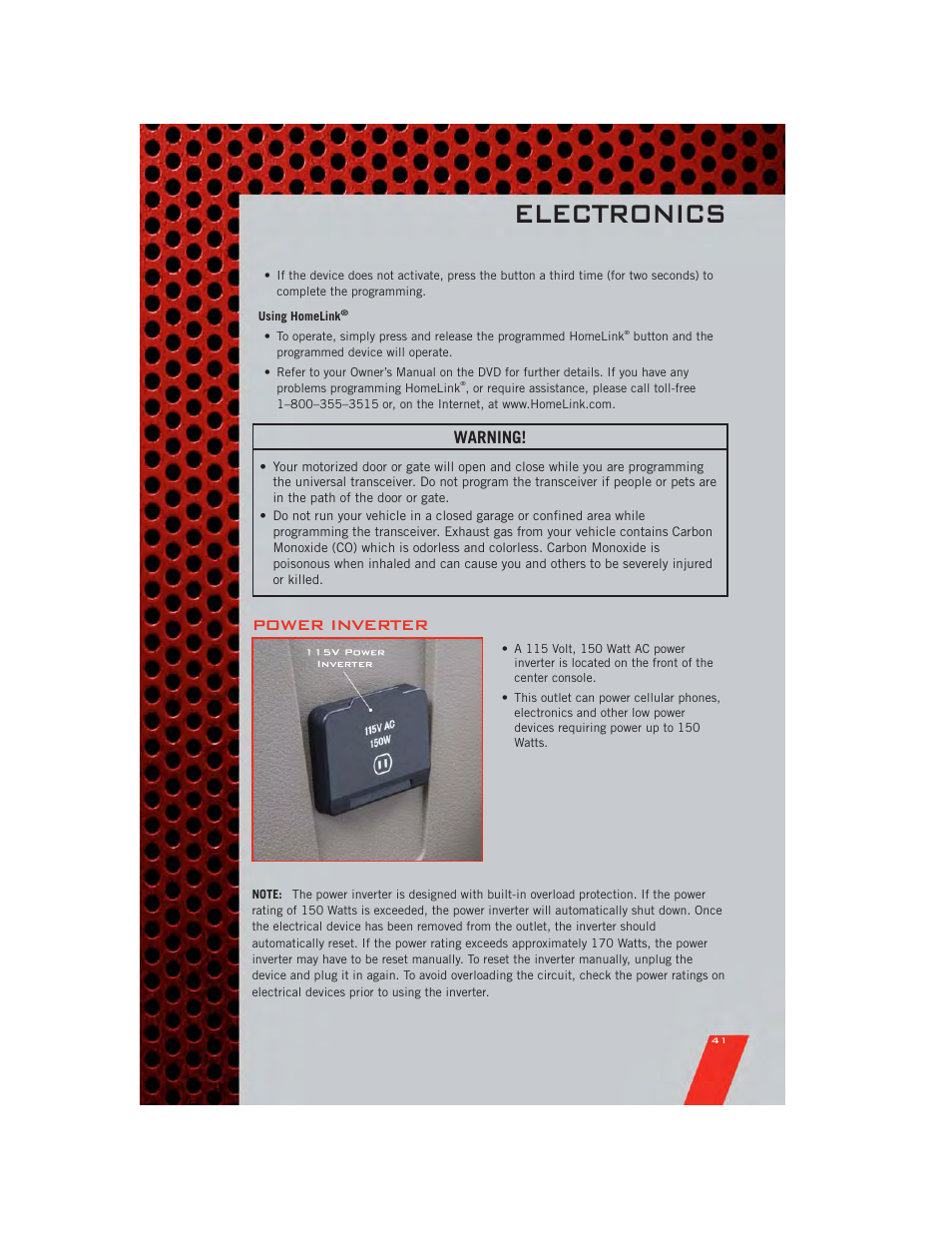 Power inverter, Electronics, Warning | Dodge 2011 Caliber - User Guide User Manual | Page 43 / 80