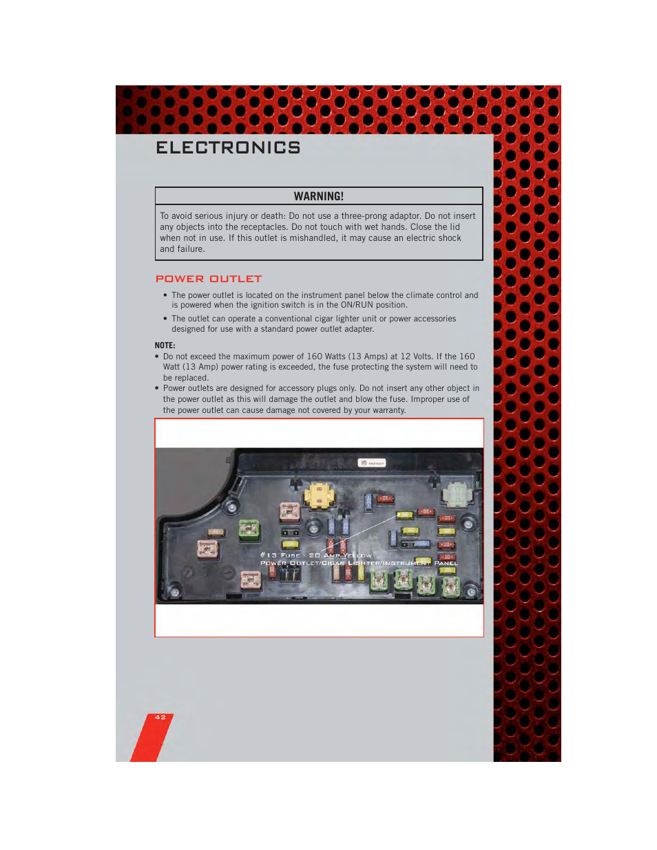 Power outlet, Electronics | Dodge 2011 Caliber - User Guide User Manual | Page 44 / 80