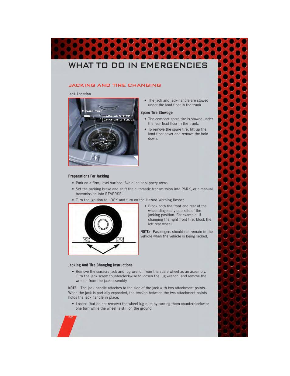 Jacking and tire changing, Jack location, Spare tire stowage | Preparations for jacking, Jacking and tire changing instructions, What to do in emergencies | Dodge 2011 Caliber - User Guide User Manual | Page 52 / 80