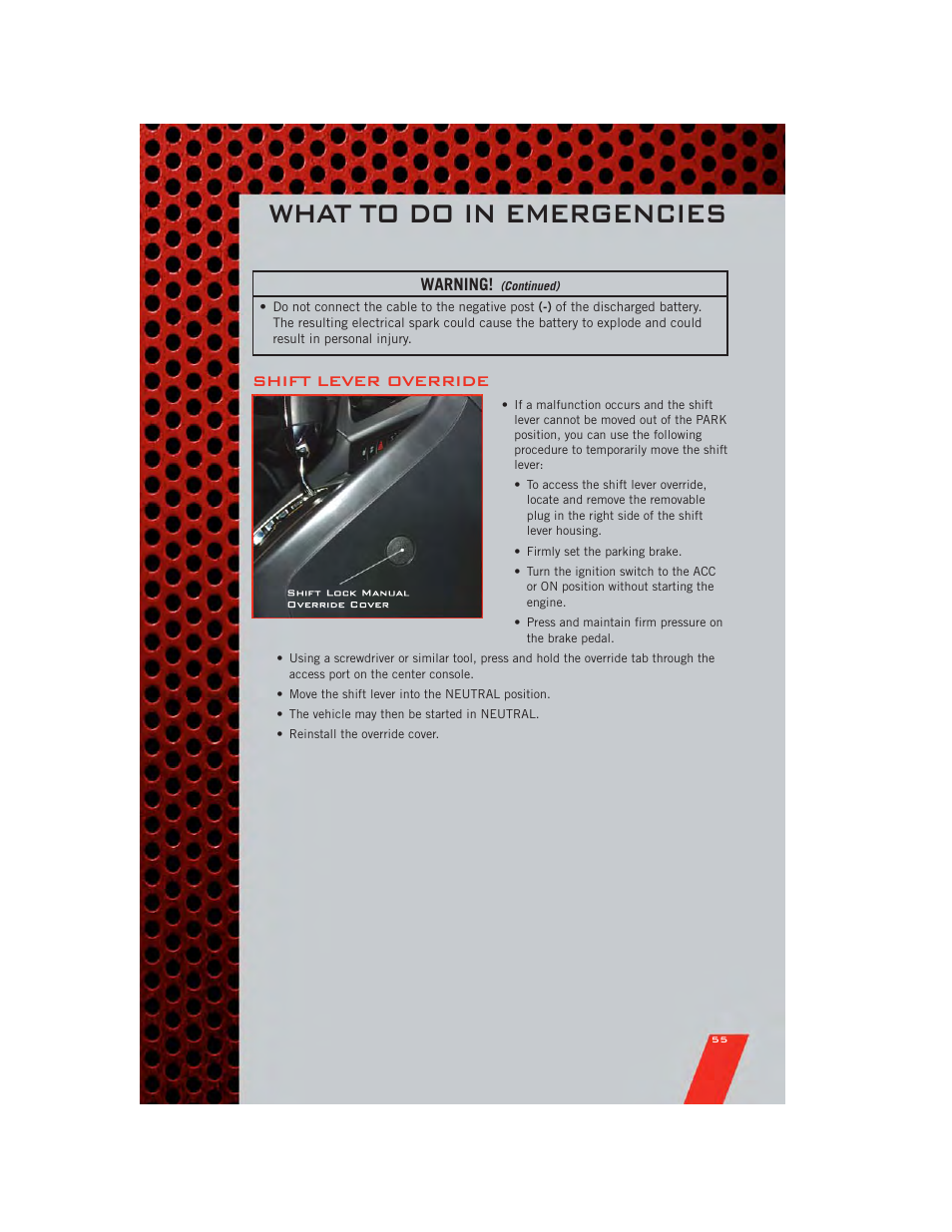 Shift lever override, Towing a disabled vehicle, What to do in emergencies | Dodge 2011 Caliber - User Guide User Manual | Page 57 / 80