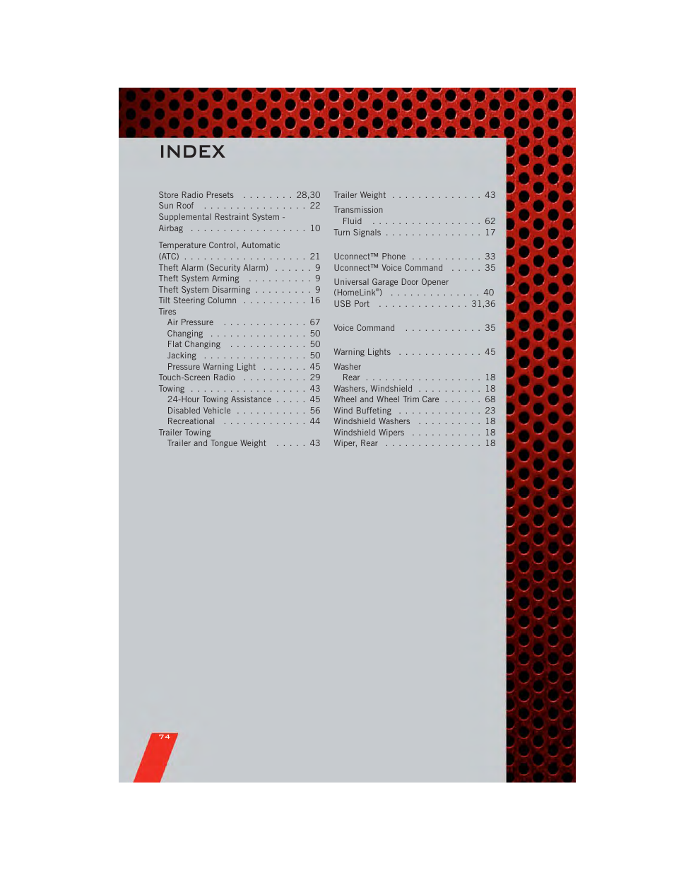 Index | Dodge 2011 Caliber - User Guide User Manual | Page 76 / 80