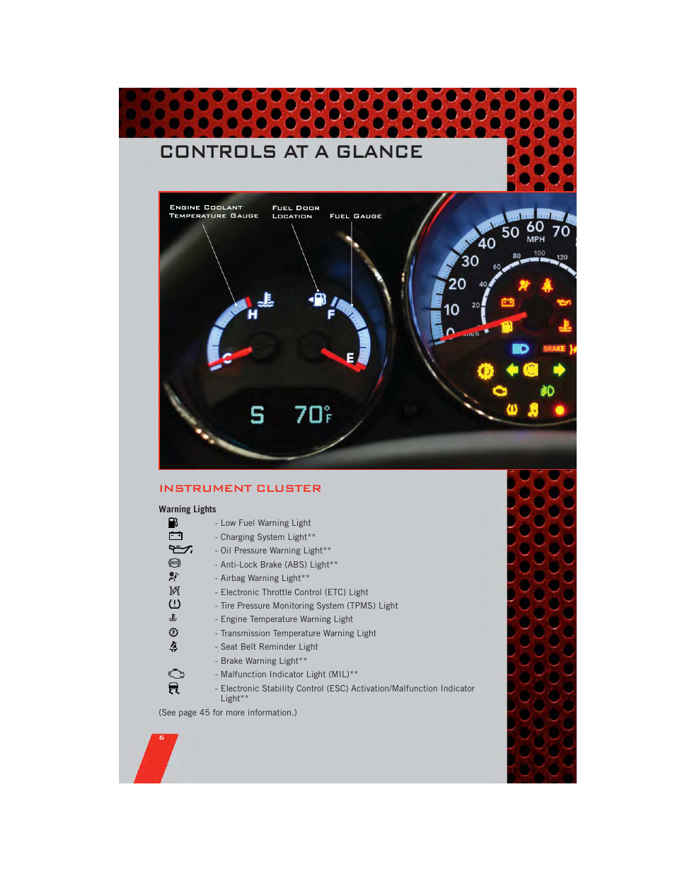 Instrument cluster, Warning lights, Controls at a glance | Dodge 2011 Caliber - User Guide User Manual | Page 8 / 80