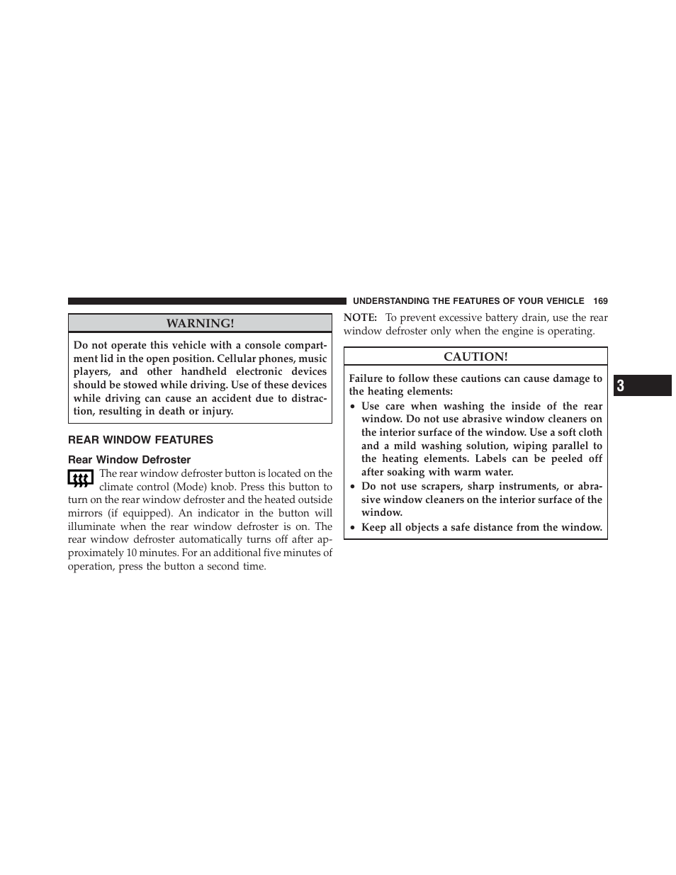 Rear window features, Rear window defroster | Dodge 2011 Challenger - Owner Manual User Manual | Page 171 / 490