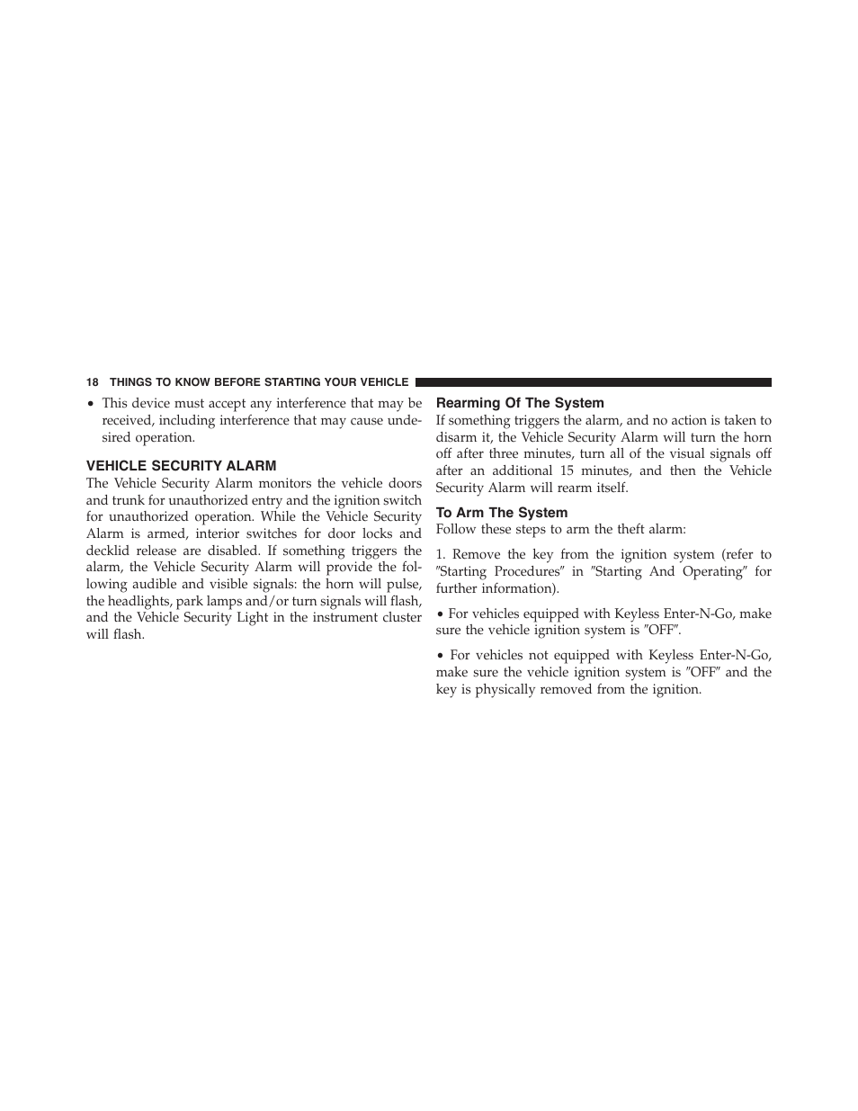 Vehicle security alarm, Rearming of the system, To arm the system | Dodge 2011 Challenger - Owner Manual User Manual | Page 20 / 490