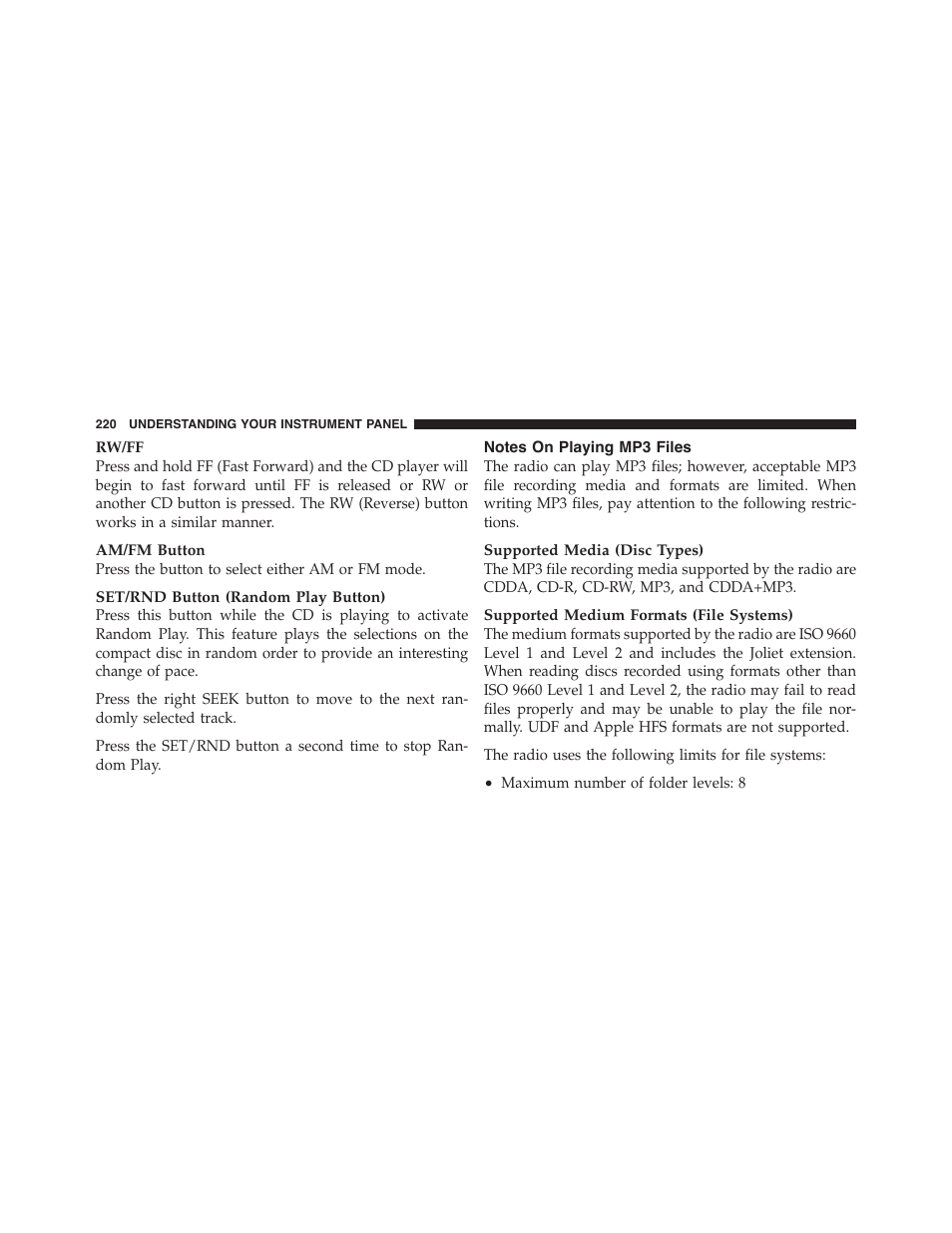 Notes on playing mp3 files | Dodge 2011 Challenger - Owner Manual User Manual | Page 222 / 490