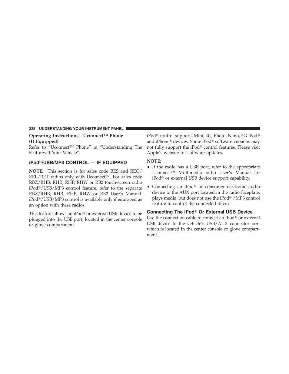 Ipodĥ/usb/mp3 control — if equipped, Connecting the ipodĥ or external usb device, Ipod௡/usb/mp3 control — if equipped | Connecting the ipod௡ or external usb, Device | Dodge 2011 Challenger - Owner Manual User Manual | Page 230 / 490