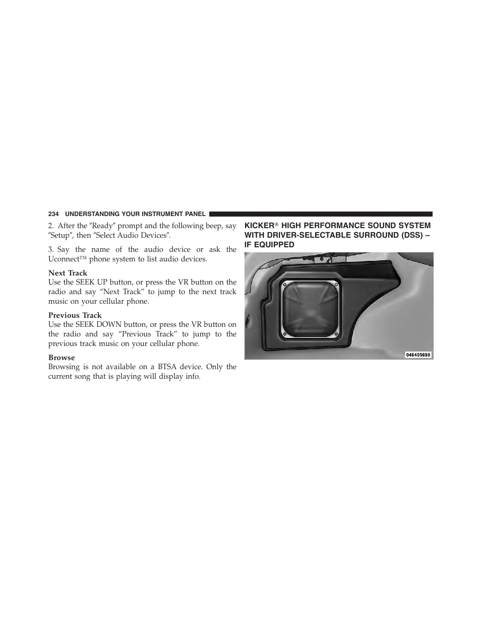 Kicker௡ high performance sound system with, Driver-selectable surround (dss), If equipped | Dodge 2011 Challenger - Owner Manual User Manual | Page 236 / 490