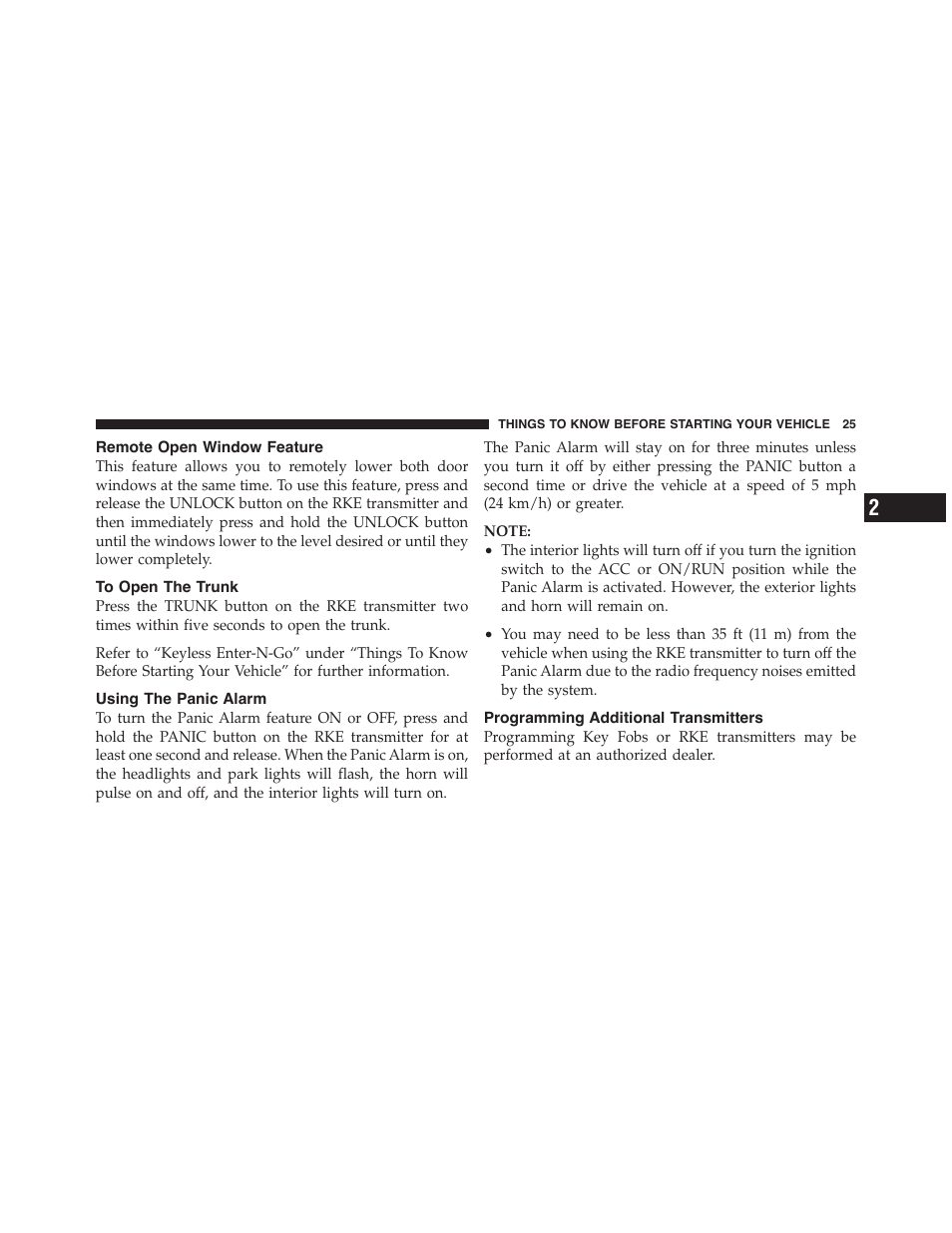 Remote open window feature, To open the trunk, Using the panic alarm | Programming additional transmitters | Dodge 2011 Challenger - Owner Manual User Manual | Page 27 / 490