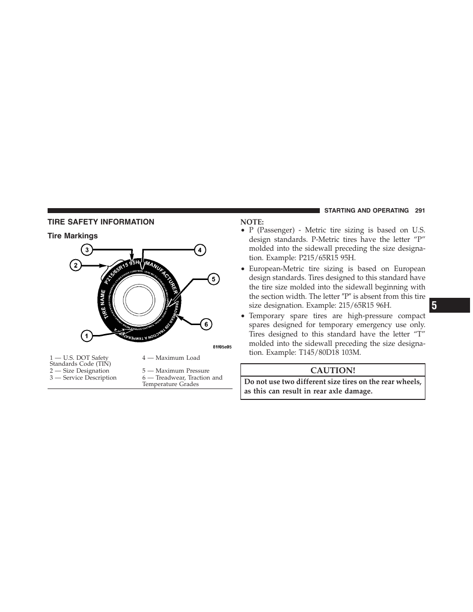 Tire safety information, Tire markings | Dodge 2011 Challenger - Owner Manual User Manual | Page 293 / 490