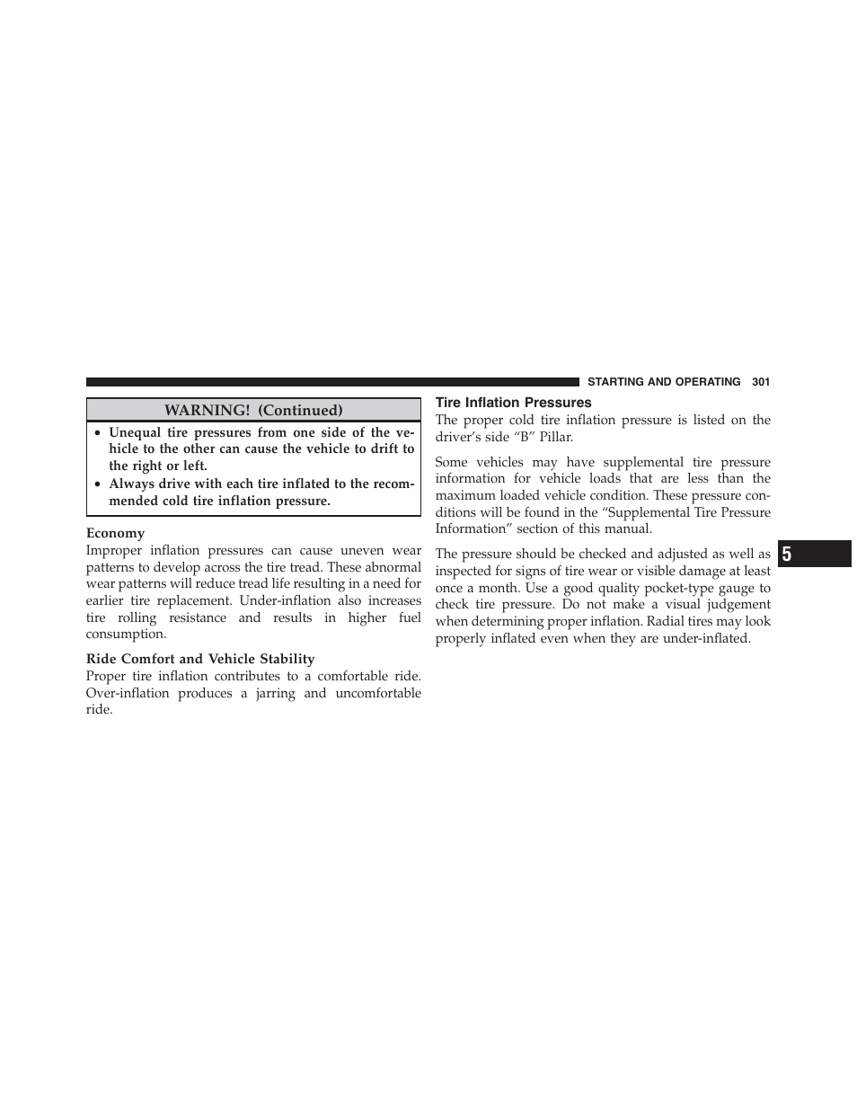 Tire inflation pressures | Dodge 2011 Challenger - Owner Manual User Manual | Page 303 / 490