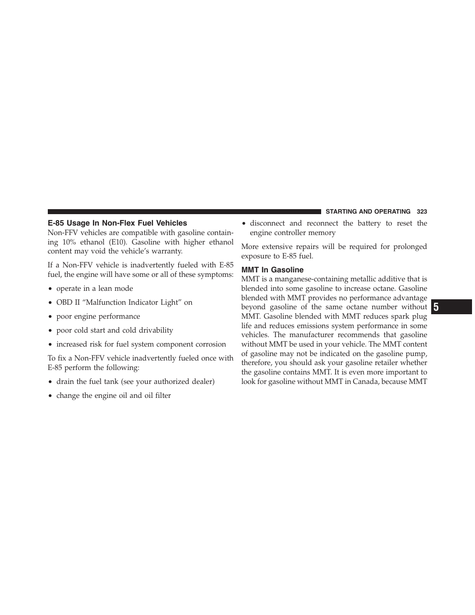 E-85 usage in non-flex fuel vehicles, Mmt in gasoline | Dodge 2011 Challenger - Owner Manual User Manual | Page 325 / 490