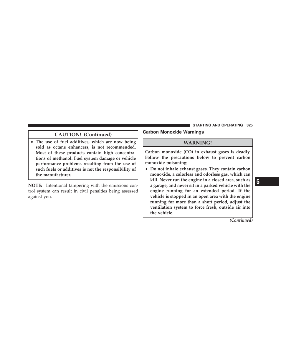 Carbon monoxide warnings | Dodge 2011 Challenger - Owner Manual User Manual | Page 327 / 490