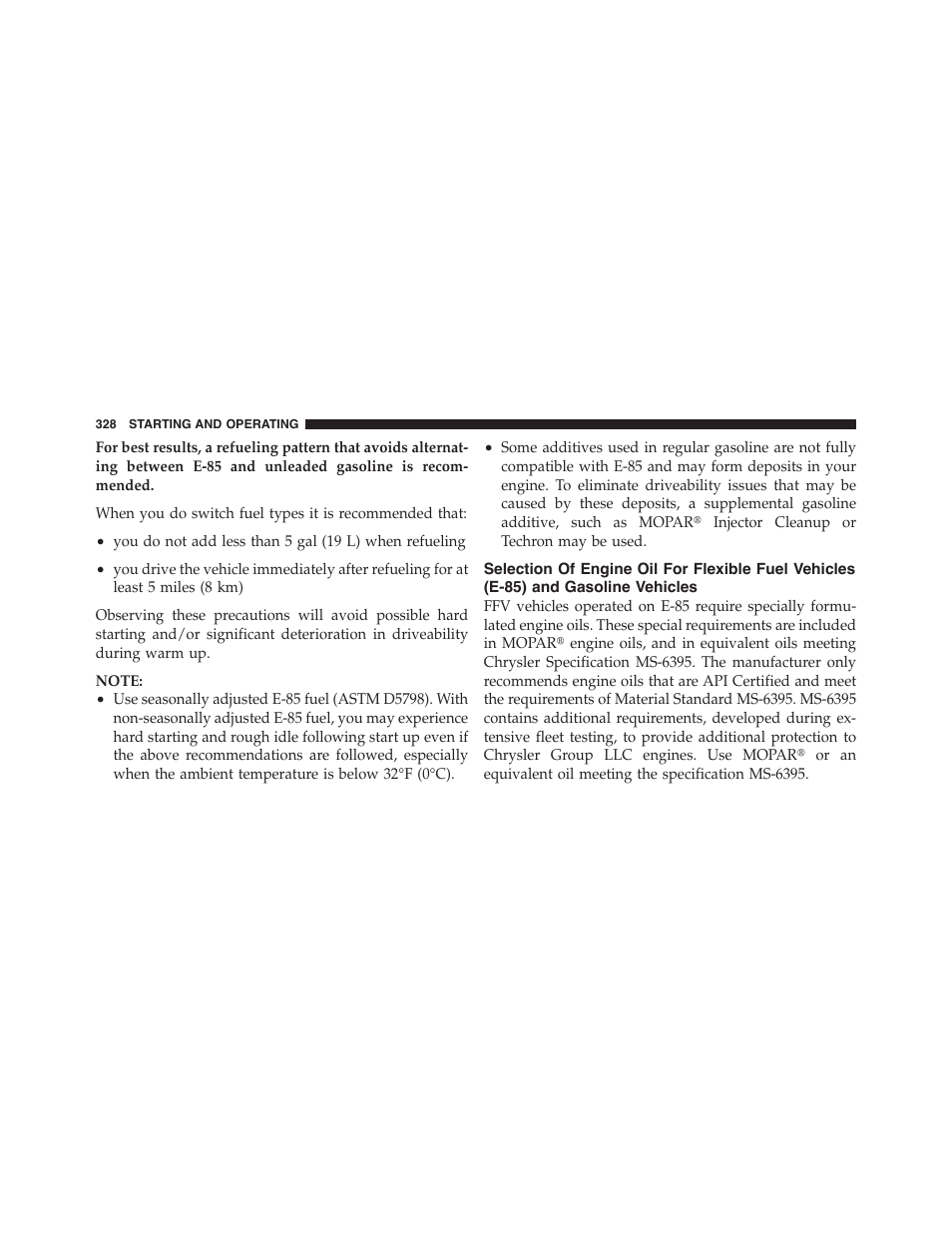 Selection of engine oil for flexible fuel, Vehicles (e-85) and gasoline vehicles | Dodge 2011 Challenger - Owner Manual User Manual | Page 330 / 490