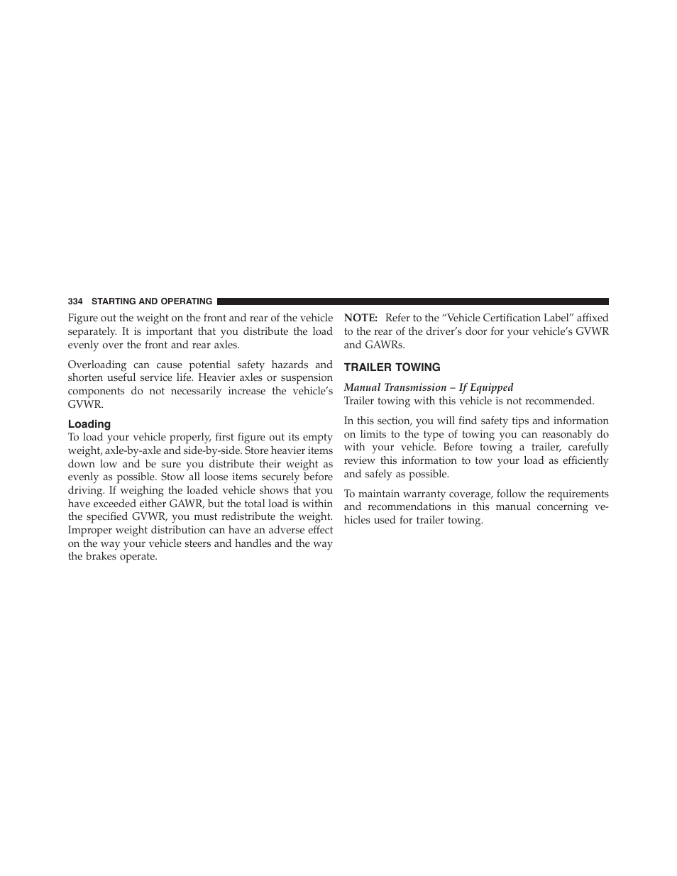 Loading, Trailer towing | Dodge 2011 Challenger - Owner Manual User Manual | Page 336 / 490