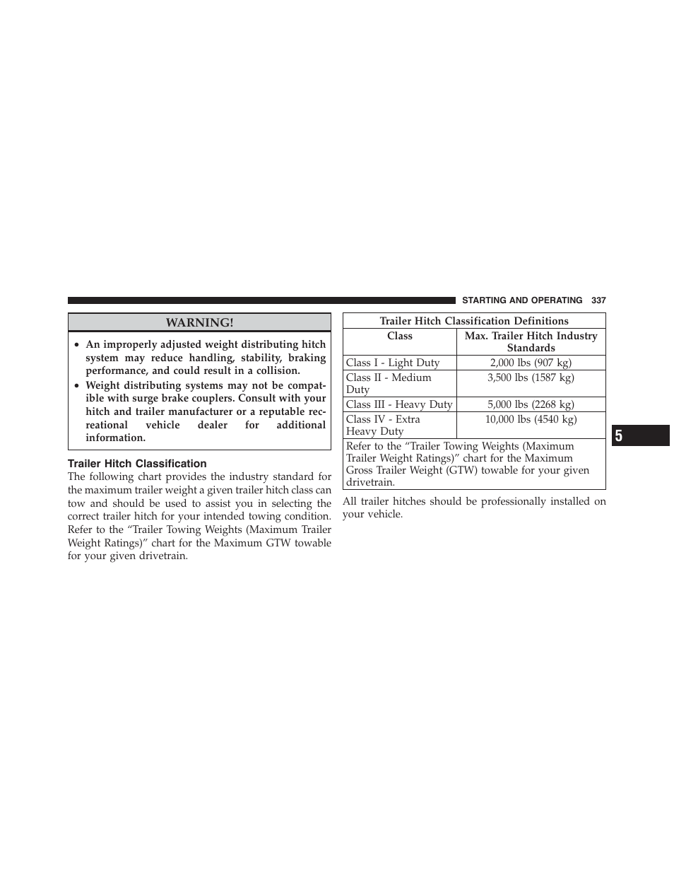 Trailer hitch classification | Dodge 2011 Challenger - Owner Manual User Manual | Page 339 / 490