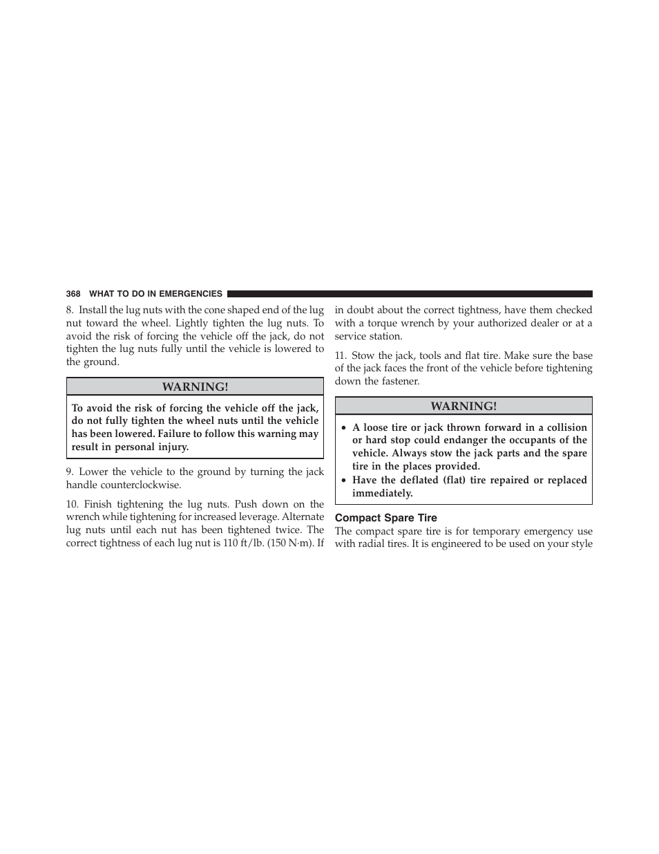 Compact spare tire | Dodge 2011 Challenger - Owner Manual User Manual | Page 370 / 490