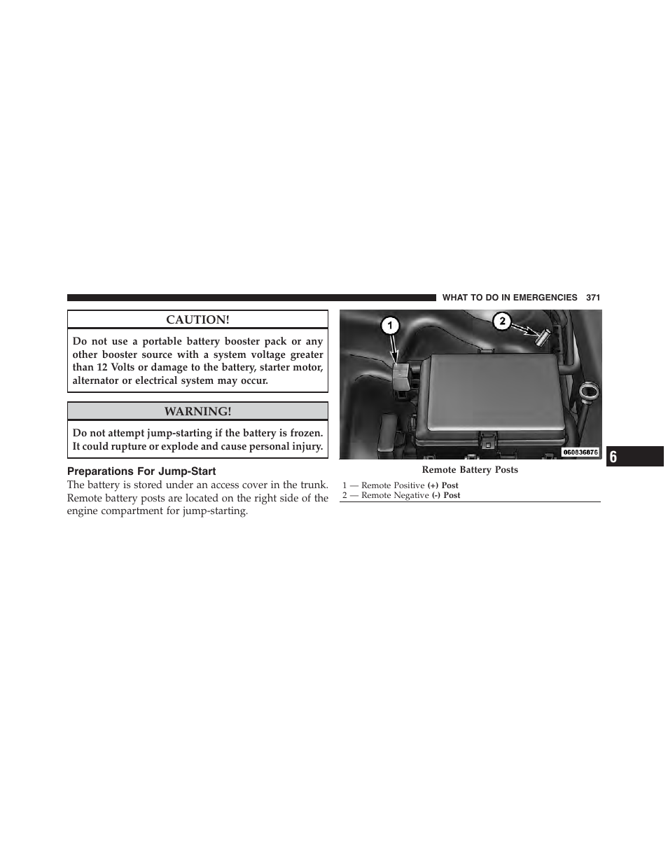 Preparations for jump-start | Dodge 2011 Challenger - Owner Manual User Manual | Page 373 / 490