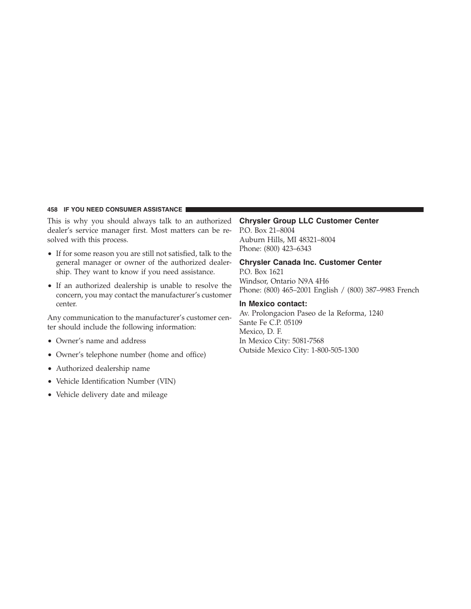 Chrysler group llc customer center, Chrysler canada inc. customer center, In mexico contact | Dodge 2011 Challenger - Owner Manual User Manual | Page 460 / 490