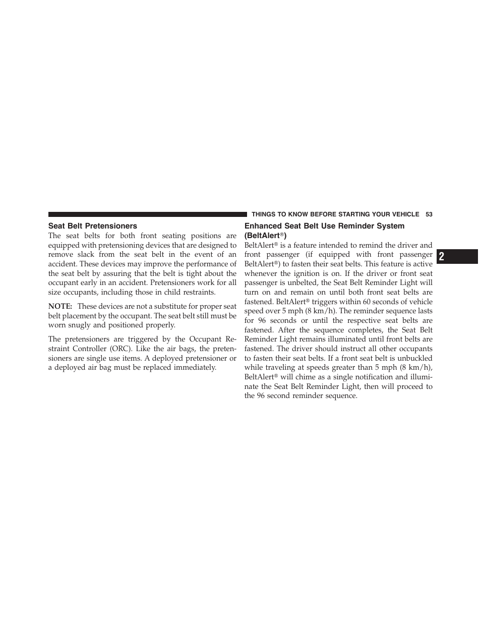 Seat belt pretensioners, Enhanced seat belt use reminder system, Beltalert௡) | Dodge 2011 Challenger - Owner Manual User Manual | Page 55 / 490