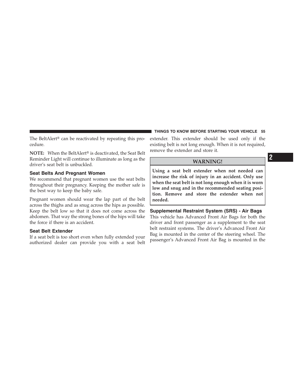 Seat belts and pregnant women, Seat belt extender, Supplemental restraint system (srs) - air bags | Supplemental restraint system (srs) - air, Bags | Dodge 2011 Challenger - Owner Manual User Manual | Page 57 / 490