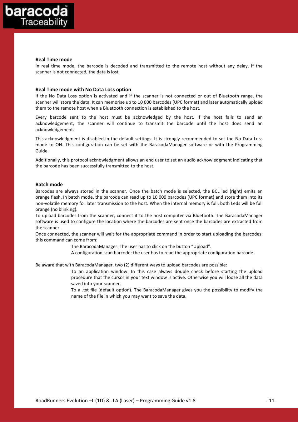 Operating mode | Baracoda BLUETOOTH LA (LASER) User Manual | Page 11 / 49