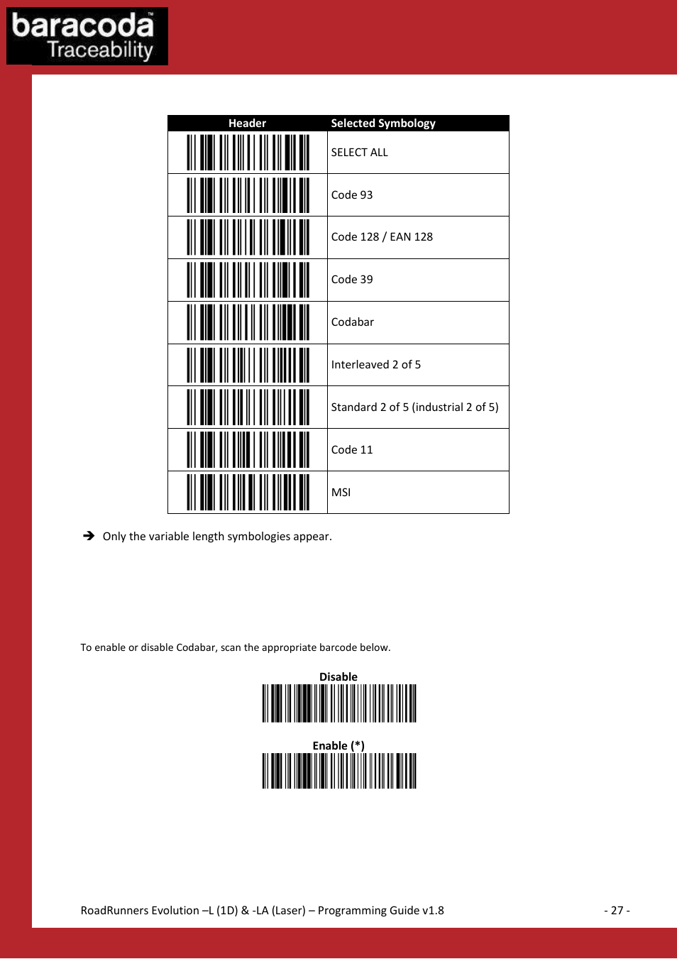 Codabar settings | Baracoda BLUETOOTH LA (LASER) User Manual | Page 27 / 49