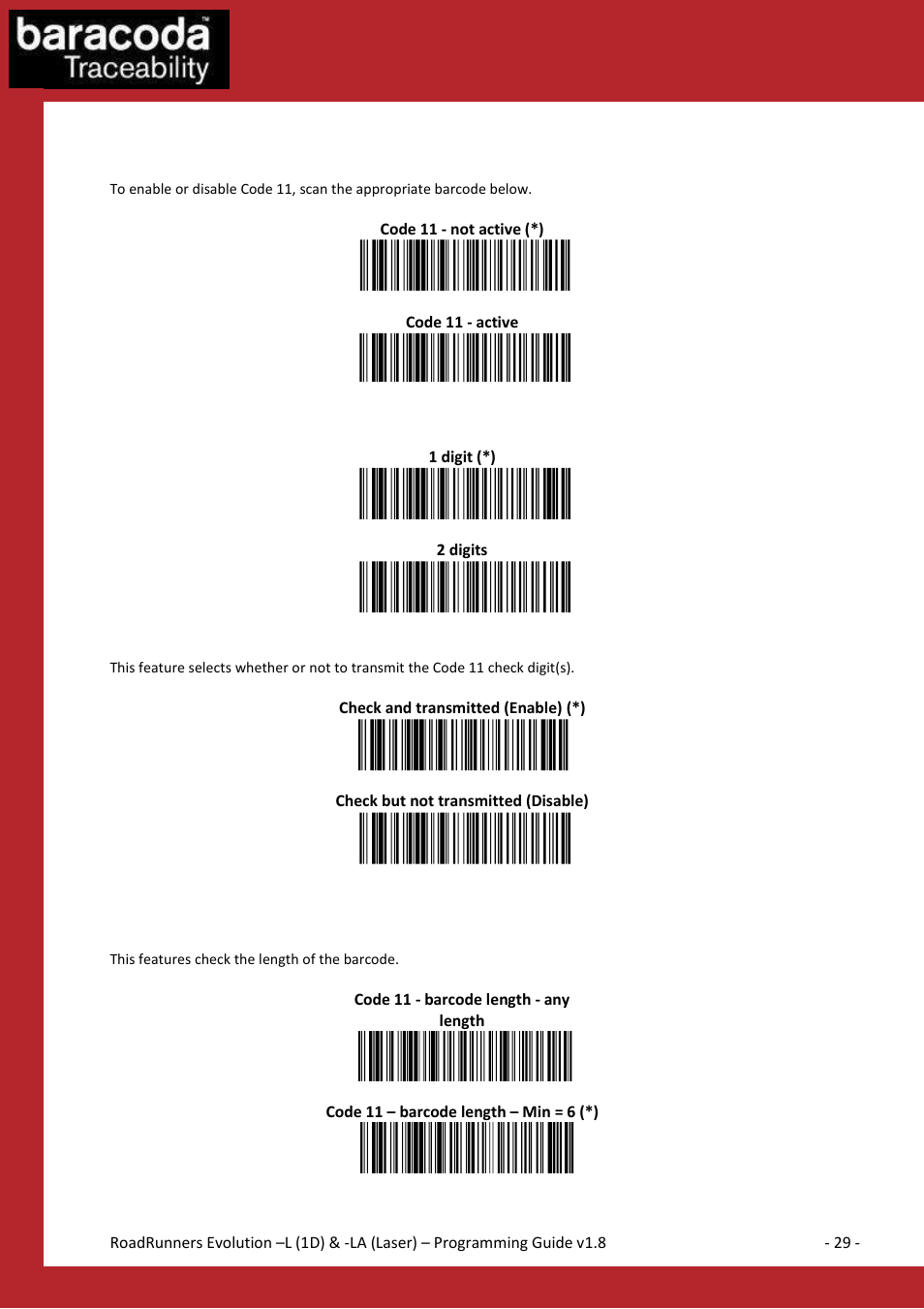 Code 11 settings | Baracoda BLUETOOTH LA (LASER) User Manual | Page 29 / 49