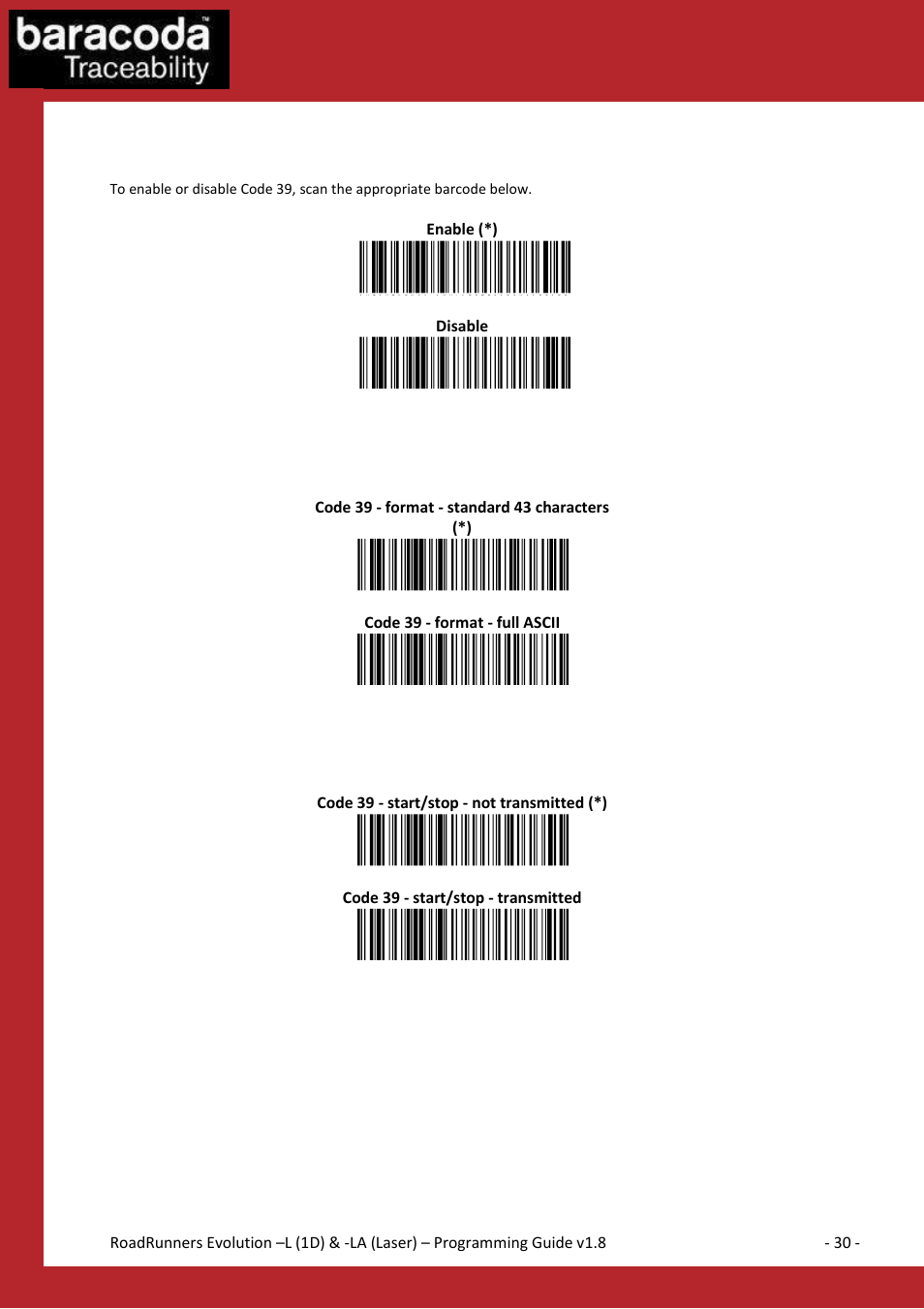 Code 39 settings | Baracoda BLUETOOTH LA (LASER) User Manual | Page 30 / 49