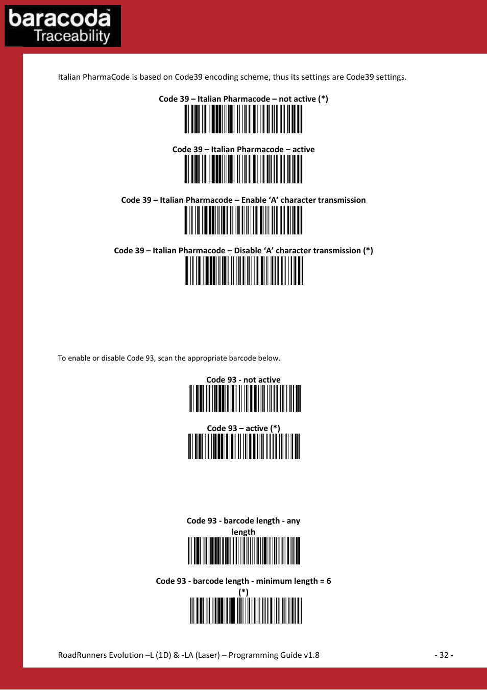 Code 93 settings | Baracoda BLUETOOTH LA (LASER) User Manual | Page 32 / 49