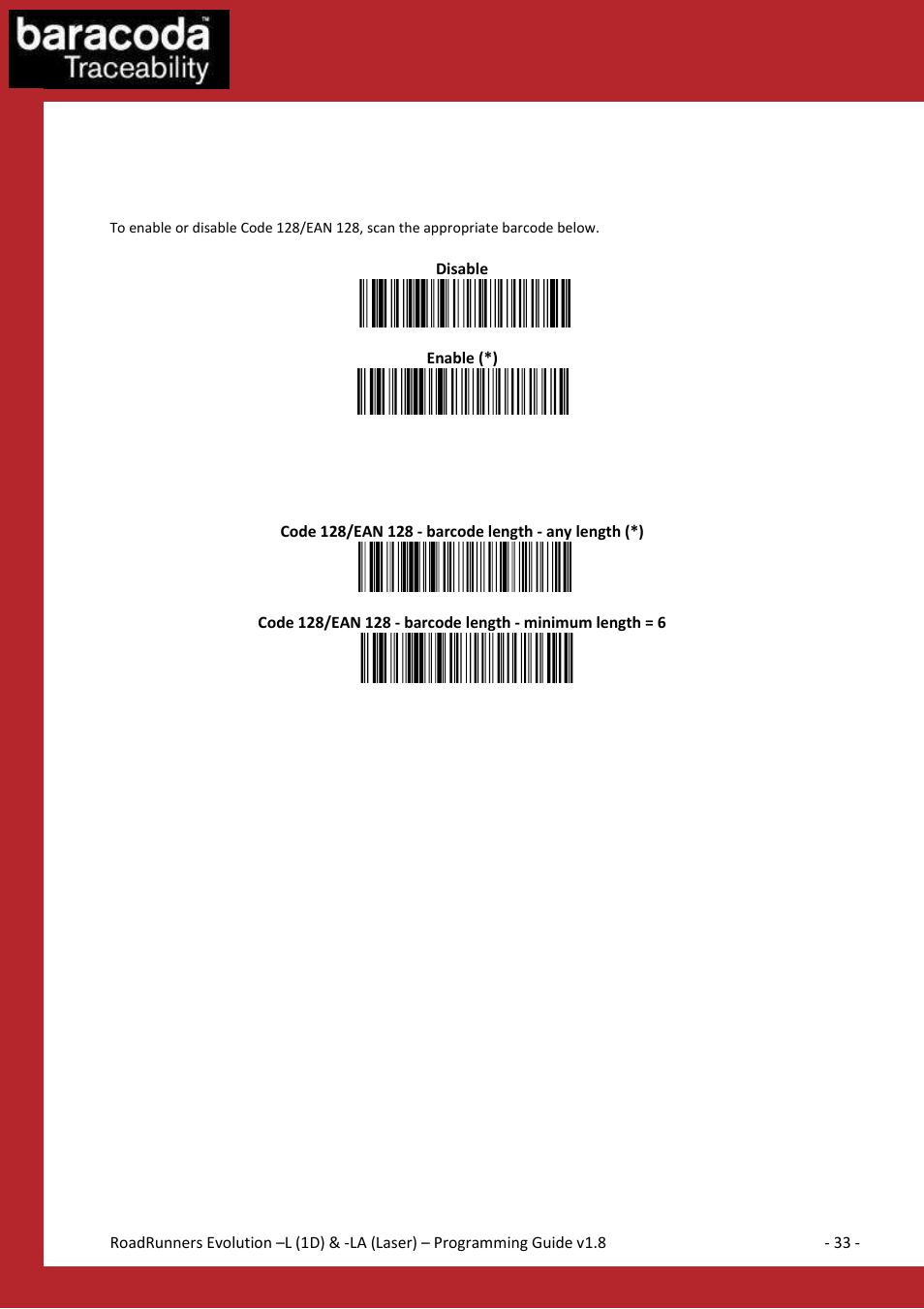 Code 128 settings | Baracoda BLUETOOTH LA (LASER) User Manual | Page 33 / 49
