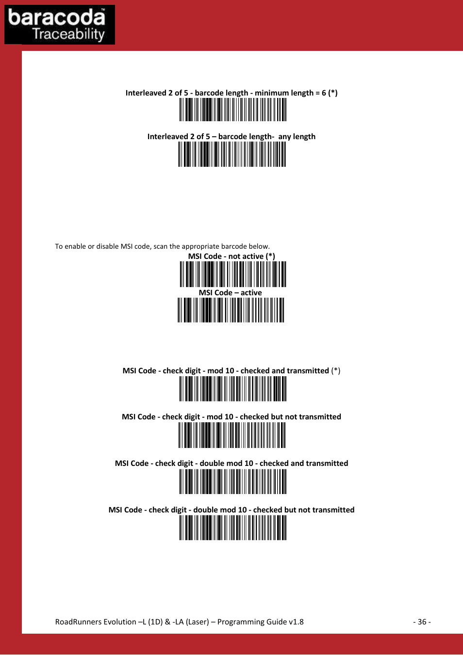 Msi code settings | Baracoda BLUETOOTH LA (LASER) User Manual | Page 36 / 49