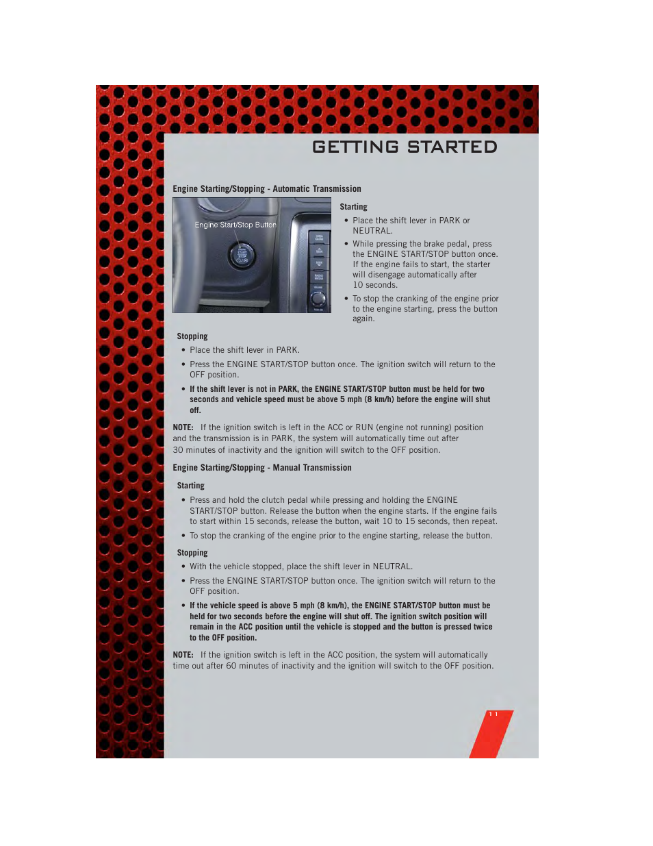 Engine starting/stopping - automatic transmission, Engine starting/stopping - manual transmission, Getting started | Dodge 2011 Challenger_SRT - User Guide User Manual | Page 13 / 88