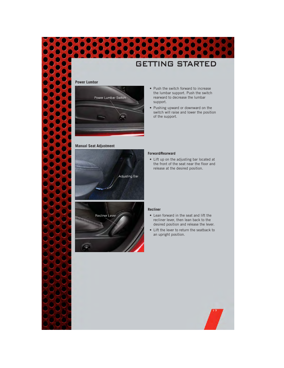 Power lumbar, Manual seat adjustment, Getting started | Dodge 2011 Challenger_SRT - User Guide User Manual | Page 19 / 88