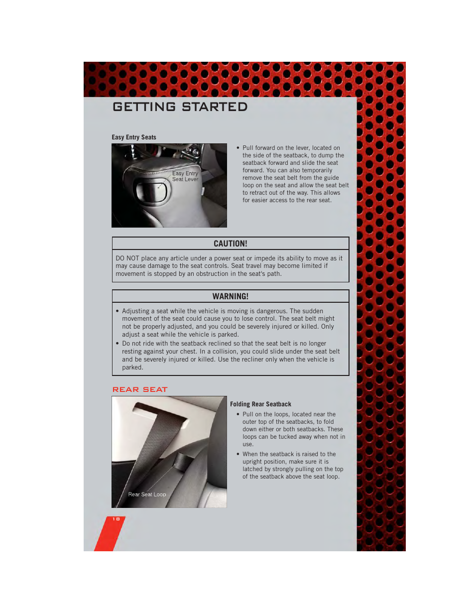 Easy entry seats, Rear seat, Folding rear seatback | Getting started | Dodge 2011 Challenger_SRT - User Guide User Manual | Page 20 / 88