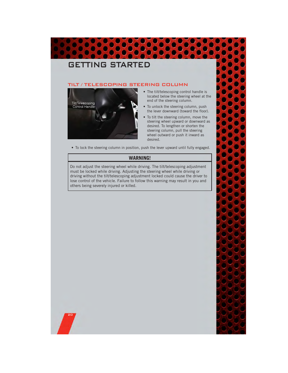 Tilt / telescoping steering column, Getting started | Dodge 2011 Challenger_SRT - User Guide User Manual | Page 22 / 88