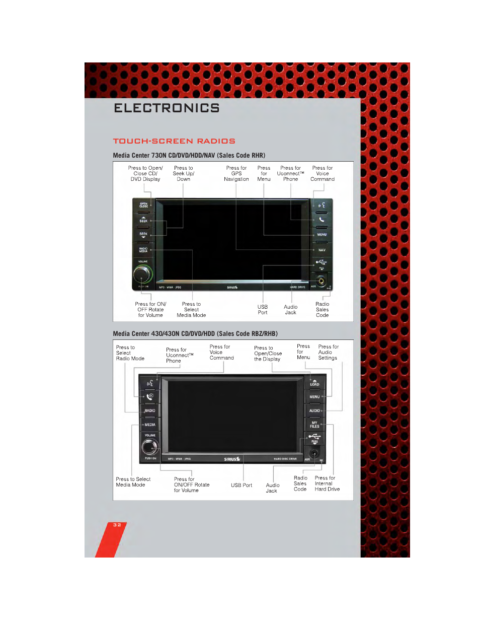 Touch-screen radios, Media center 730n cd/dvd/hdd/nav (sales code rhr), Electronics | Dodge 2011 Challenger_SRT - User Guide User Manual | Page 34 / 88