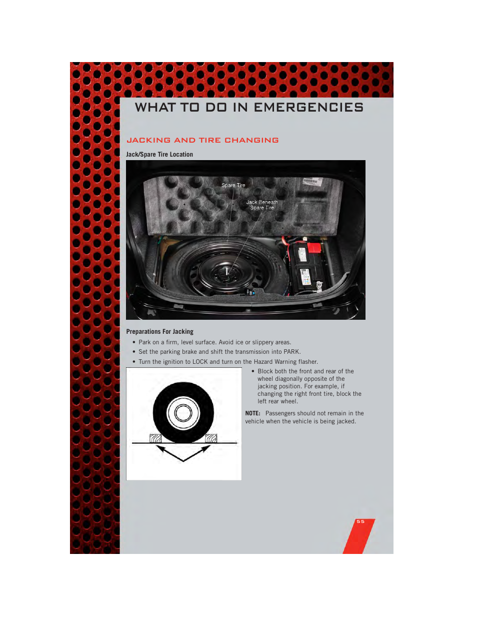 Jacking and tire changing, Jack/spare tire location, Preparations for jacking | What to do in emergencies | Dodge 2011 Challenger_SRT - User Guide User Manual | Page 57 / 88