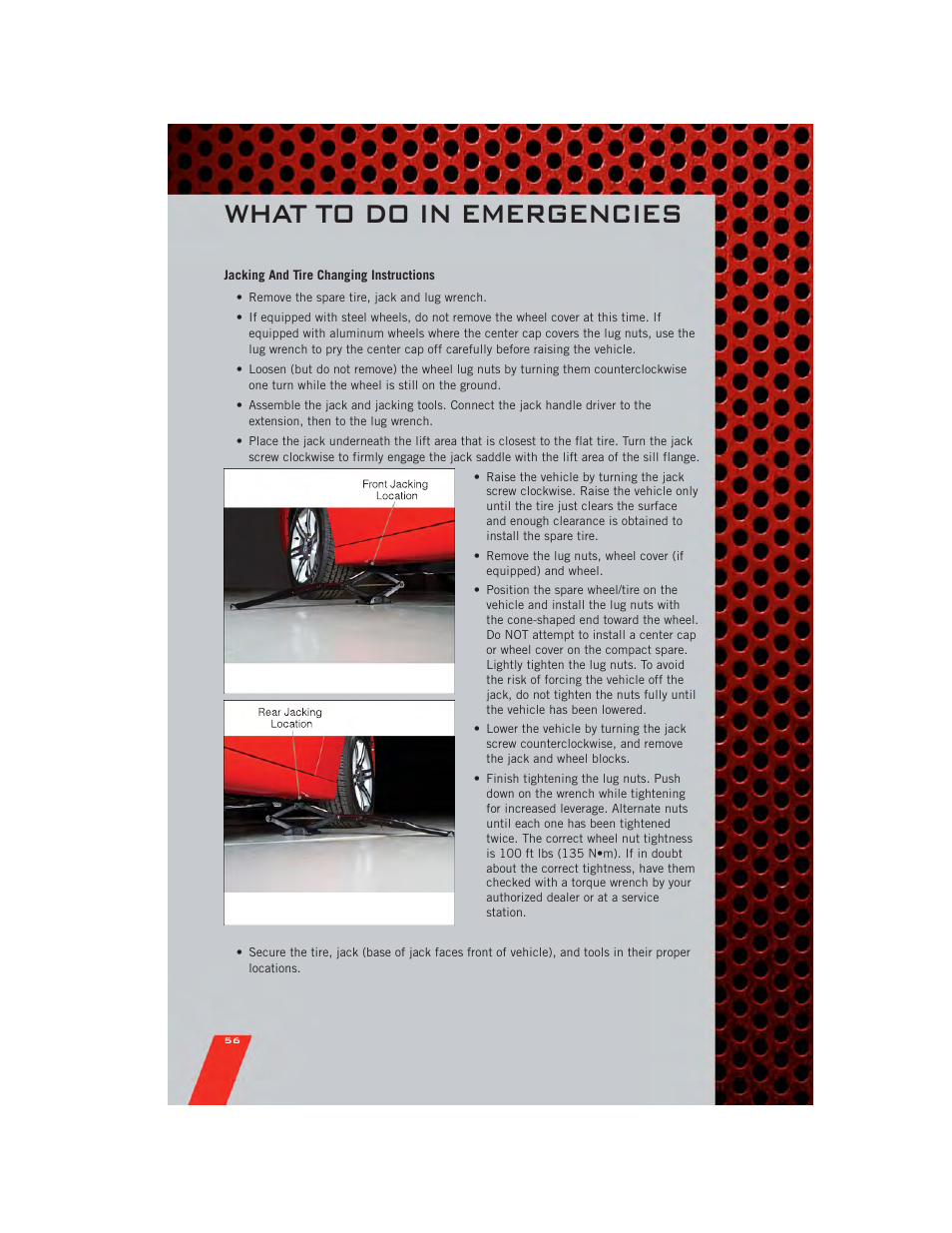 Jacking and tire changing instructions, What to do in emergencies | Dodge 2011 Challenger_SRT - User Guide User Manual | Page 58 / 88
