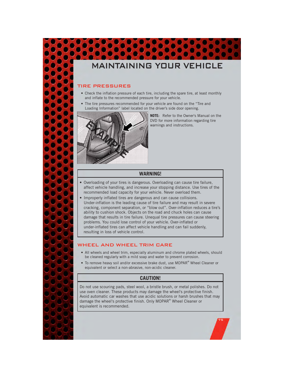 Tire pressures, Wheel and wheel trim care, Maintaining your vehicle | Warning, Caution | Dodge 2011 Challenger_SRT - User Guide User Manual | Page 77 / 88