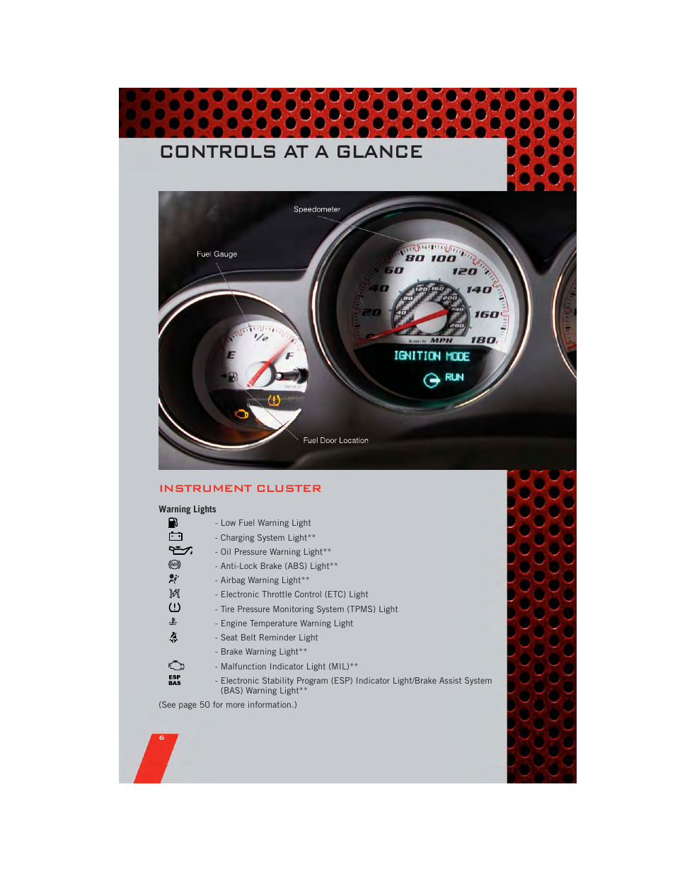 Instrument cluster, Warning lights, Controls at a glance | Dodge 2011 Challenger_SRT - User Guide User Manual | Page 8 / 88