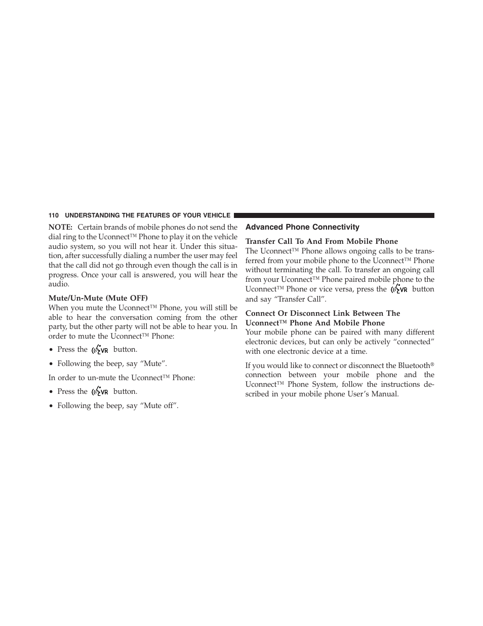 Advanced phone connectivity | Dodge 2011 Challenger_SRT - Owner Manual User Manual | Page 112 / 460