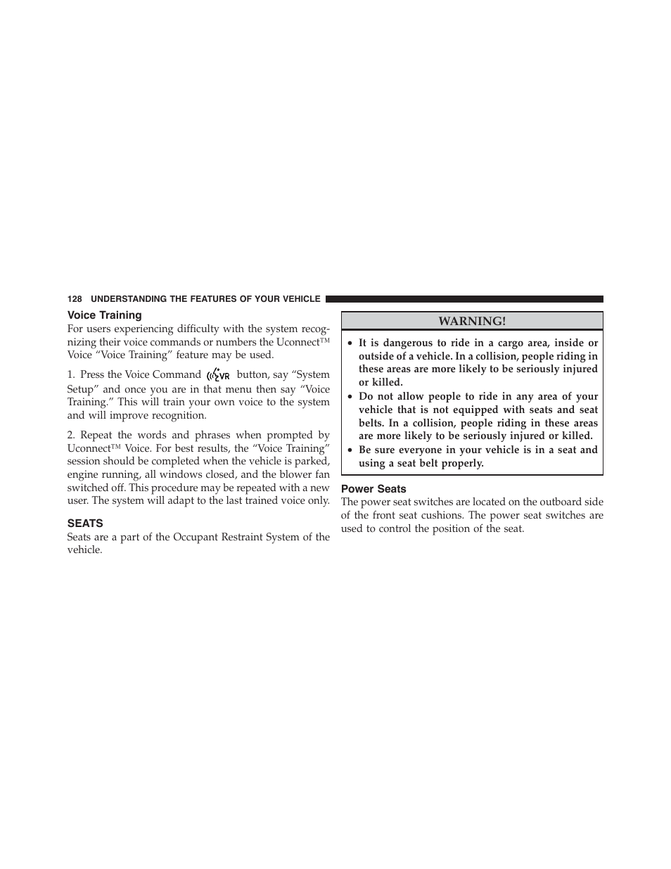 Voice training, Seats, Power seats | Dodge 2011 Challenger_SRT - Owner Manual User Manual | Page 130 / 460