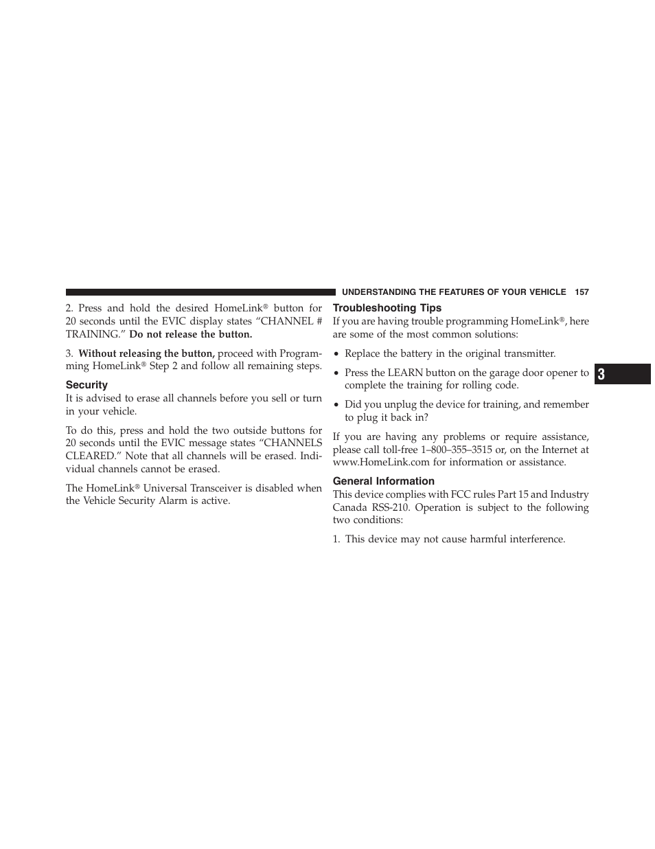 Security, Troubleshooting tips, General information | Dodge 2011 Challenger_SRT - Owner Manual User Manual | Page 159 / 460